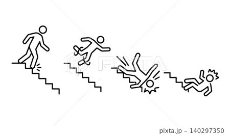 Stick figure falling down stairs line art vector icon set. Trip and slip accident, losing balance on steps, head injury, and workplace safety concept. 140297350