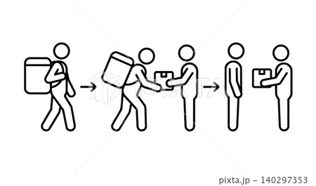 Courier delivering package stick figure line art vector icon set. Parcel delivery service, courier handing box to customer doorstep concept. Courier delivering package stick figure line art vector icon set. Parcel delivery service, courier handing box to customer doorstep concept. 140297353