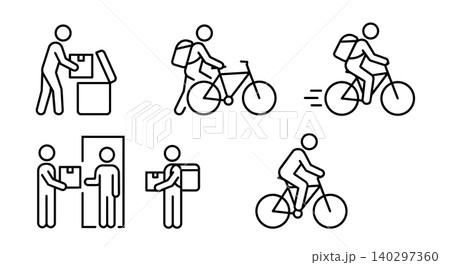 Courier delivery service stick figure line art vector icon set. Bike messenger riding bicycle, picking up package, and handing parcel box to customer concept. Courier delivery service stick figure line art vector icon set. Bike messenger riding bicycle, picking up package, and handing parcel box to customer concept. 140297360