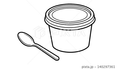 Yogurt cup and spoon line art vector icon. Ice cream plastic container with lid, pudding dessert cup, packaging mock up minimalist illustration. Yogurt cup and spoon line art vector icon. Ice cream plastic container with lid, pudding dessert cup, packaging mock up minimalist illustration. 140297361