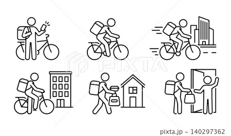 Food delivery service stick figure line art vector icon set. Courier riding bicycle with backpack, checking smartphone, and delivering meal to customer door step concept. Food delivery service stick figure line art vector icon set. Courier riding bicycle with backpack, checking smartphone, and delivering meal to customer door step concept. 140297362