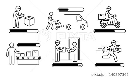 Logistics delivery service stick figure line art vector icon set. Shipping tracking progress bar status, warehouse sorting, cargo van, scooter courier, and customer handover concept. Logistics delivery service stick figure line art vector icon set. Shipping tracking progress bar status, warehouse sorting, cargo van, scooter courier, and customer handover concept. 140297363
