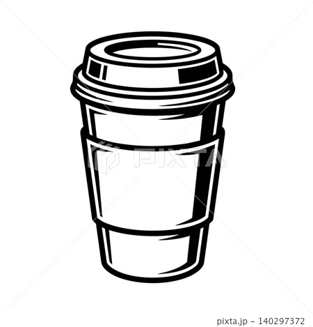 Coffee paper cup with lid and sleeve bold line art vector illustration. Retro comic style takeaway espresso and cafe takeout drink icon. Coffee paper cup with lid and sleeve bold line art vector illustration. Retro comic style takeaway espresso and cafe takeout drink icon. 140297372