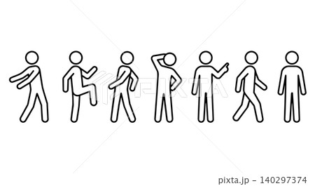 Stick figure people actions and poses line art vector icon set. Human body language, different postures, and minimalist pictogram concept. 140297374