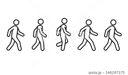 Stick figure walking cycle line art vector icon set. People walking animation frames, human motion, and step by step movement concept. Stick figure walking cycle line art vector icon set. People walking animation frames, human motion, and step by step movement concept. 140297375