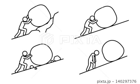 Sisyphus myth stick figure pushing big boulder uphill line art vector icon set. Never ending challenge, hard work, struggle, and perseverance concept. 140297376