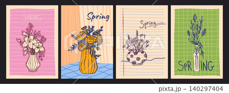 Sketch posters with flower bouquets in glass vases Sketch posters with flower bouquets in glass vases 140297404