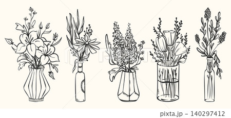 Sketch flower bouquets in glass vases 140297412