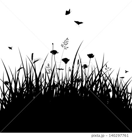 Meadow background, grass silhouette, vector meadow border Meadow background, grass silhouette, vector meadow border 140297761