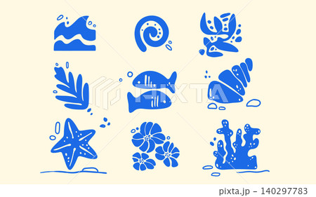 Set of abstract boho icons with blue sea elements Set of abstract boho icons with blue sea elements 140297783