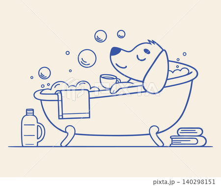 Cute dog with coffee cup relaxing in bathtub with bubbles. Pet grooming illustration. Cute dog with coffee cup relaxing in bathtub with bubbles. Pet grooming illustration. 140298151