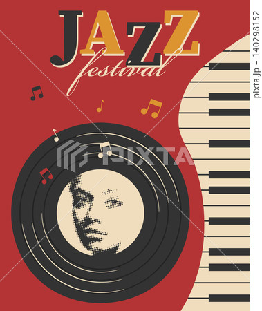 Jazz festival event poster design template. Retro vinyl record with portrait of a woman. 140298152