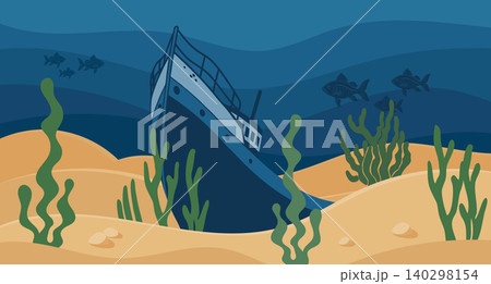 Underwater landscape with sunken shipwreck on the seabed with fish and seaweed. Illustration. Underwater landscape with sunken shipwreck on the seabed with fish and seaweed. Illustration. 140298154