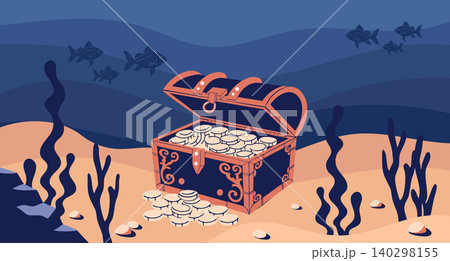 Underwater landscape with treasure chest with gold coins on the seabed with fish and seaweed. Illustration. 140298155