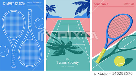 Retro collection of tennis posters, flyers, prints and banners. Vintage tropical design with tennis 140298570