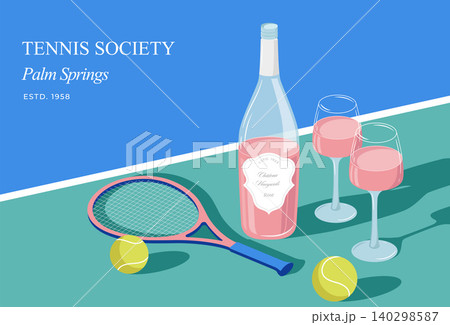 Retro tennis court poster with rose wine bottle and glasses, racket and tennis balls. Vintage Retro tennis court poster with rose wine bottle and glasses, racket and tennis balls. Vintage 140298587