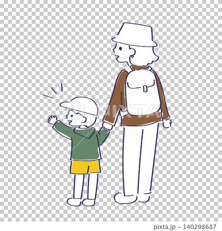 A mother and son, holding hands, are seen from behind while out and about. 140298687
