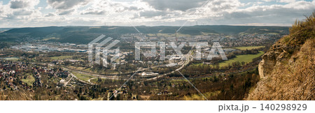 Wide panoramic view over a valley city 140298929