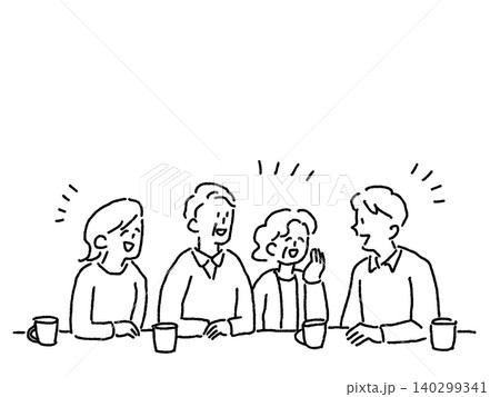 笑顔で会話をする高齢夫婦と家族、介護や老後相談のイメージイラスト、線画 笑顔で会話をする高齢夫婦と家族、介護や老後相談のイメージイラスト、線画 140299341