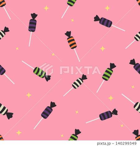 Cute Halloween seamless pattern with candies on pink background Cute Halloween seamless pattern with candies on pink background 140299349