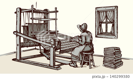 Vector drawing. A woman at a loom 140299380
