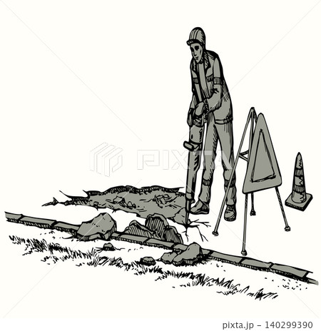 Vector drawing. Road repair in a field Vector drawing. Road repair in a field 140299390