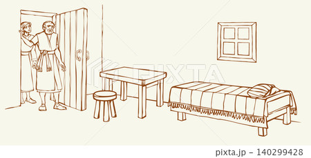 Vector drawing. A woman offers housing to the prophet Elisha. Vector drawing. A woman offers housing to the prophet Elisha. 140299428