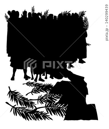 Crowd with palm branches. Vector drawing 140299439
