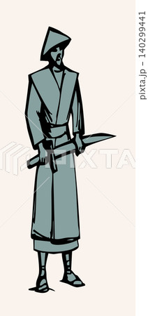 Vector drawing. The warrior is dressed in traditional Asian clothing 140299441