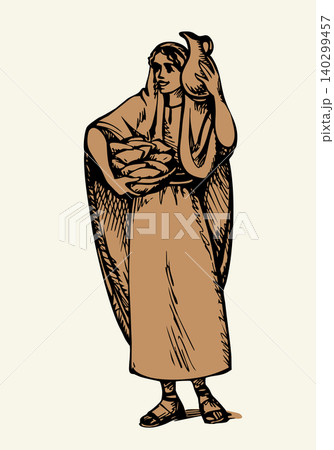 Vector drawing. Woman with basket and jug Vector drawing. Woman with basket and jug 140299457