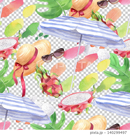 Seamless pattern of the umbrella, monstera, hat, sunglasses, pitahaya and watercolor spots. Watercolor illustration for design, cards, cover, prints, product labels and fabric Seamless pattern of the umbrella, monstera, hat, sunglasses, pitahaya and watercolor spots. Watercolor illustration for design, cards, cover, prints, product labels and fabric 140299497