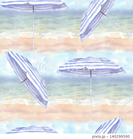 Seamless pattern of the beach umbrellas with the seascape on the background. Watercolor illustration. Handmade art work. For packaging design, cards, cover, prints, product labels and fabric 140299500