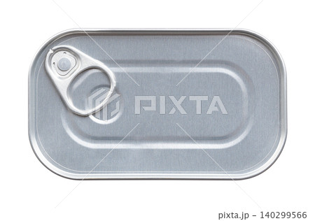 Unopened tin can, with ring-pull lid, from above. Rectangular easy-open can, a rigid, cylindrical metal container for convenient, tool-free opening, with metal loop, securely riveted to the lid. Photo 140299566
