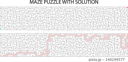 Rectangle maze puzzle game vector template with red line solution worksheet for kids and adults Rectangle maze puzzle game vector template with red line solution worksheet for kids and adults 140299577