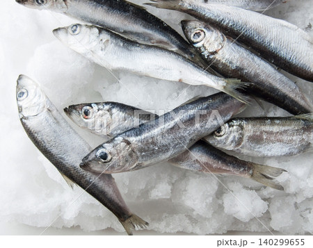 Frozen seafood anchovies and herring fish sprat on brick of ice and snow, shoaling fish on ice. Frozen seafood anchovies and herring fish sprat on brick of ice and snow, shoaling fish on ice. 140299655