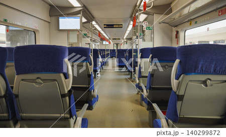 Empty modern train car with blue seats waiting at station 140299872