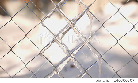 Frozen icicles hanging from chain link fence during a harsh winter morning freeze Frozen icicles hanging from chain link fence during a harsh winter morning freeze 140300307