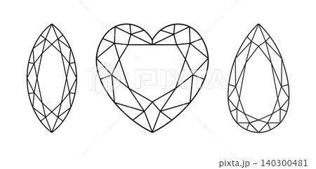 Marquise, Heart, Pear diamond cut shape. Gemstone outline pattern for jewellery design, branding, packaging, logo set. Heart shaped, Marquise, Pear brilliant cut minimalist icons. Diamond top view 140300481