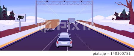 Highway with video camera recording on pole, car and trucks passing in winter nature landscape, vector transport traffic 140300781