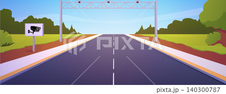 Highway with video camera recording, vector flat empty vehicle transport traffic on summer forest nature landscape 140300787