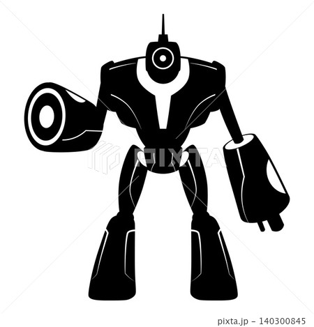 A black silhouette of a combat robot with a massive body and a blaster cannon instead of arms. 140300845