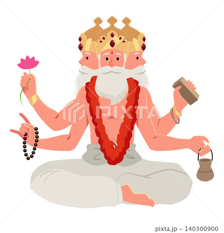 Brahma creation god Hinduism religion in India sitting in lotus pose, vector divine man with three heads and four hands 140300900