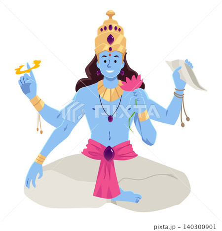 A blue-skinned deity of Vishnu, seated in a lotus position, with four arms, holding a shankha conch A blue-skinned deity of Vishnu, seated in a lotus position, with four arms, holding a shankha conch 140300901