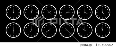 Round clocks faces. Set of Clock hands white icon. Stopwatch with different time. Time graphic circle sign, symbol. Watch face illustration. Noon, morning, evening time watch pattern. Hour simple icon Round clocks faces. Set of Clock hands white icon. Stopwatch with different time. Time graphic circle sign, symbol. Watch face illustration. Noon, morning, evening time watch pattern. Hour simple icon 140300902