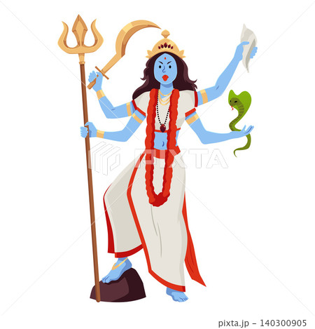 Goddess Kali Maa. Happy Kali Puja or Subh Diwali festival of India, vector cartoon divine woman warrior with trident Goddess Kali Maa. Happy Kali Puja or Subh Diwali festival of India, vector cartoon divine woman warrior with trident 140300905
