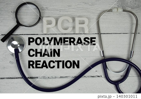 PCR Polymerase Chain Reaction text with Stethoscope on wooden background PCR Polymerase Chain Reaction text with Stethoscope on wooden background 140301011