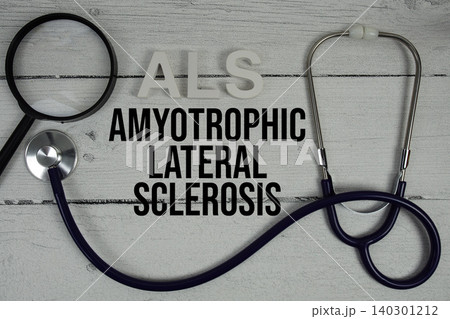 ALS Amyotrophic Lateral Sclerosis text with Stethoscope on wooden background ALS Amyotrophic Lateral Sclerosis text with Stethoscope on wooden background 140301212