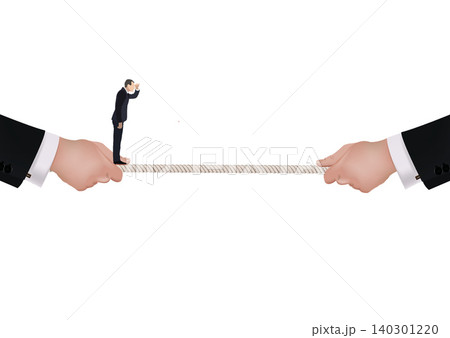 Businessman balancing on tightrope held by giant hands, searching for future opportunities Businessman balancing on tightrope held by giant hands, searching for future opportunities 140301220