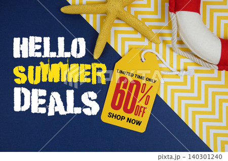 Hello Summer Sale 60% with Price tag and summer decorations on blue background Hello Summer Sale 60% with Price tag and summer decorations on blue background 140301240