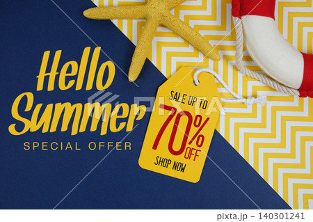 Hello Summer Sale 70% with Price tag and summer decorations on blue background Hello Summer Sale 70% with Price tag and summer decorations on blue background 140301241